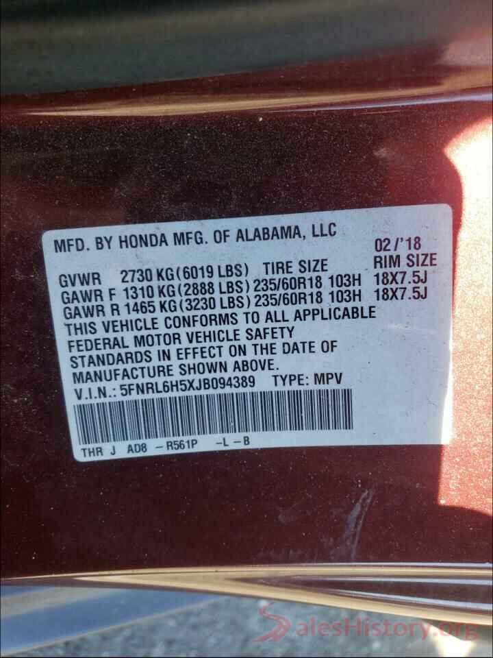 5FNRL6H5XJB094389 2018 HONDA ODYSSEY