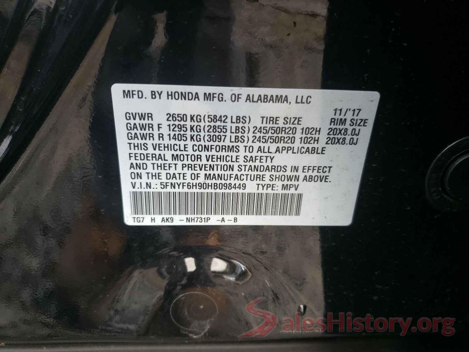 5FNYF6H90HB098449 2017 HONDA PILOT