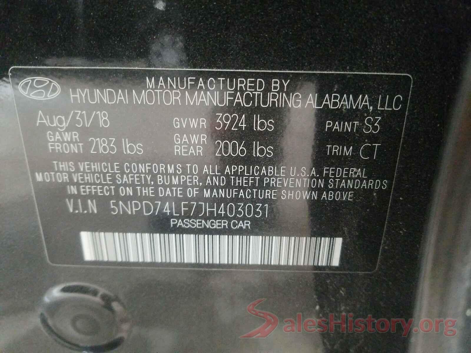 5NPD74LF7JH403031 2018 HYUNDAI ELANTRA