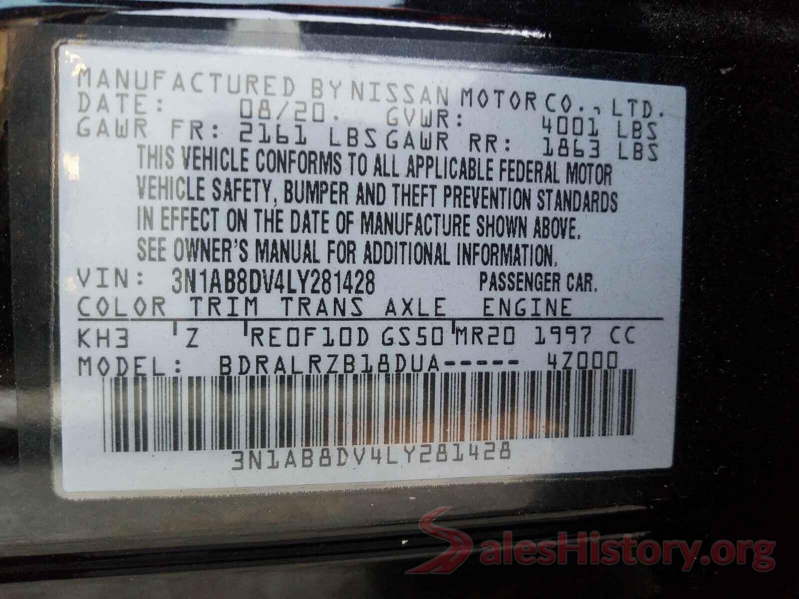 3N1AB8DV4LY281428 2020 NISSAN SENTRA