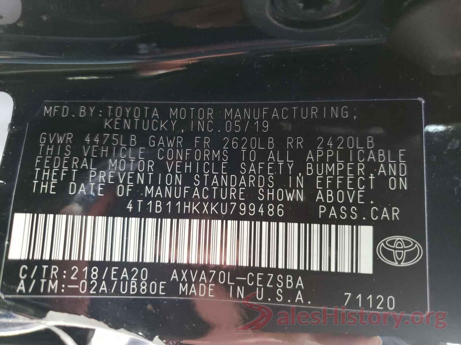 4T1B11HKXKU799486 2019 TOYOTA CAMRY