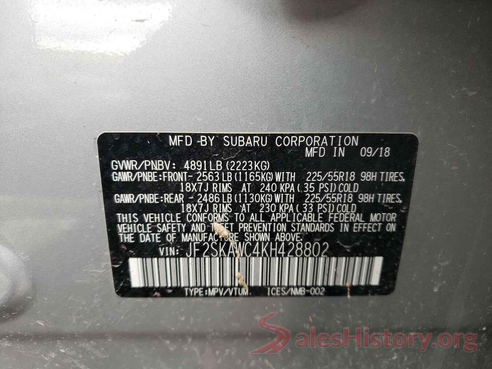 JF2SKAWC4KH428802 2019 SUBARU FORESTER