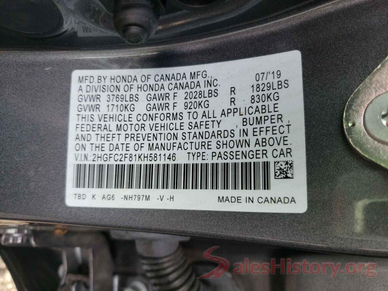 2HGFC2F81KH581146 2019 HONDA CIVIC