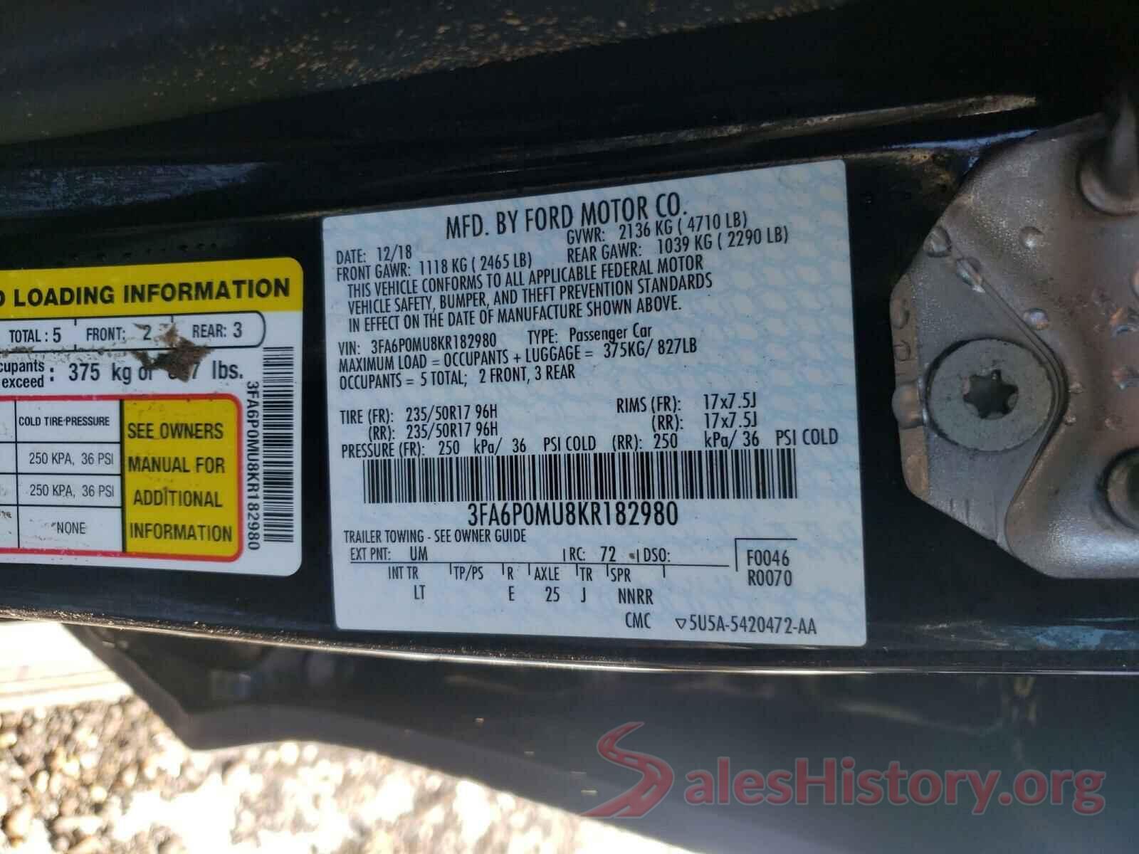 3FA6P0MU8KR182980 2019 FORD FUSION