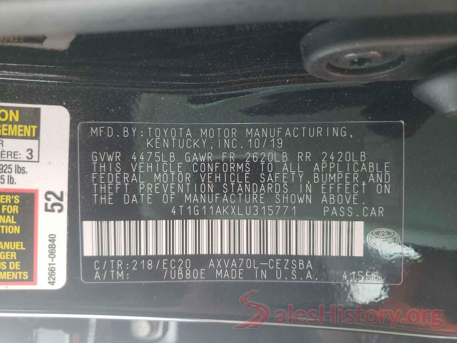 4T1G11AKXLU315771 2020 TOYOTA CAMRY