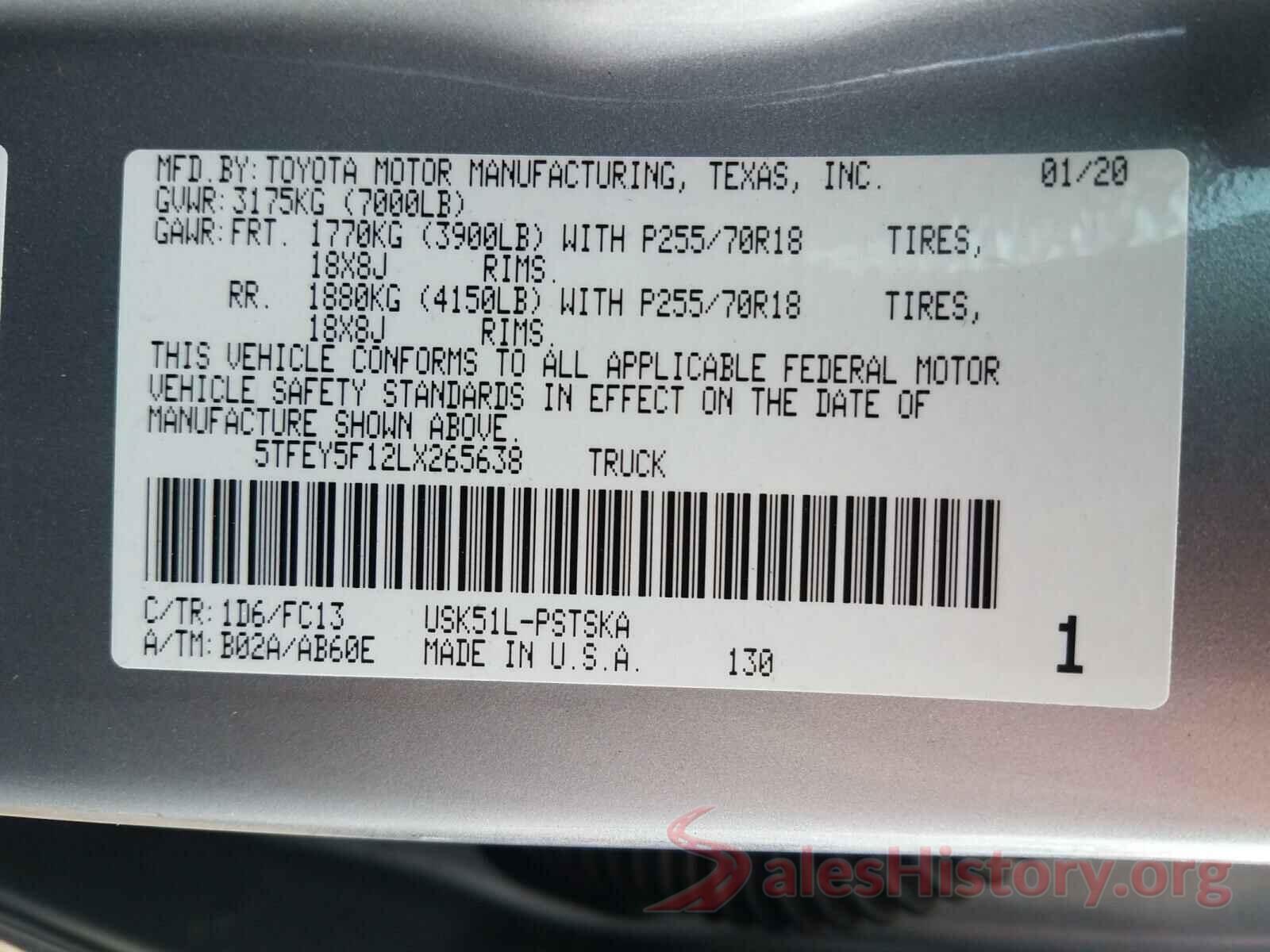 5TFEY5F12LX265638 2020 TOYOTA TUNDRA