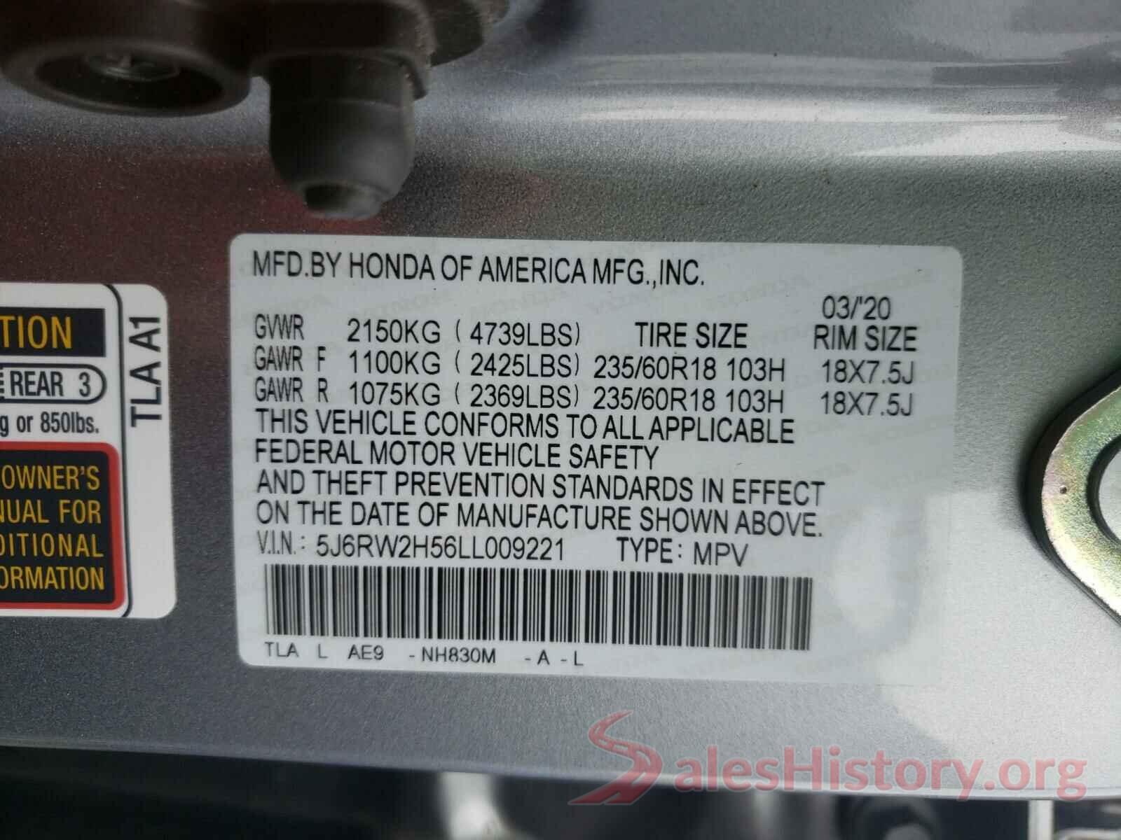 5J6RW2H56LL009221 2020 HONDA CRV