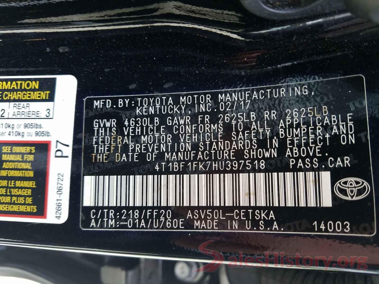 4T1BF1FK7HU397518 2017 TOYOTA CAMRY