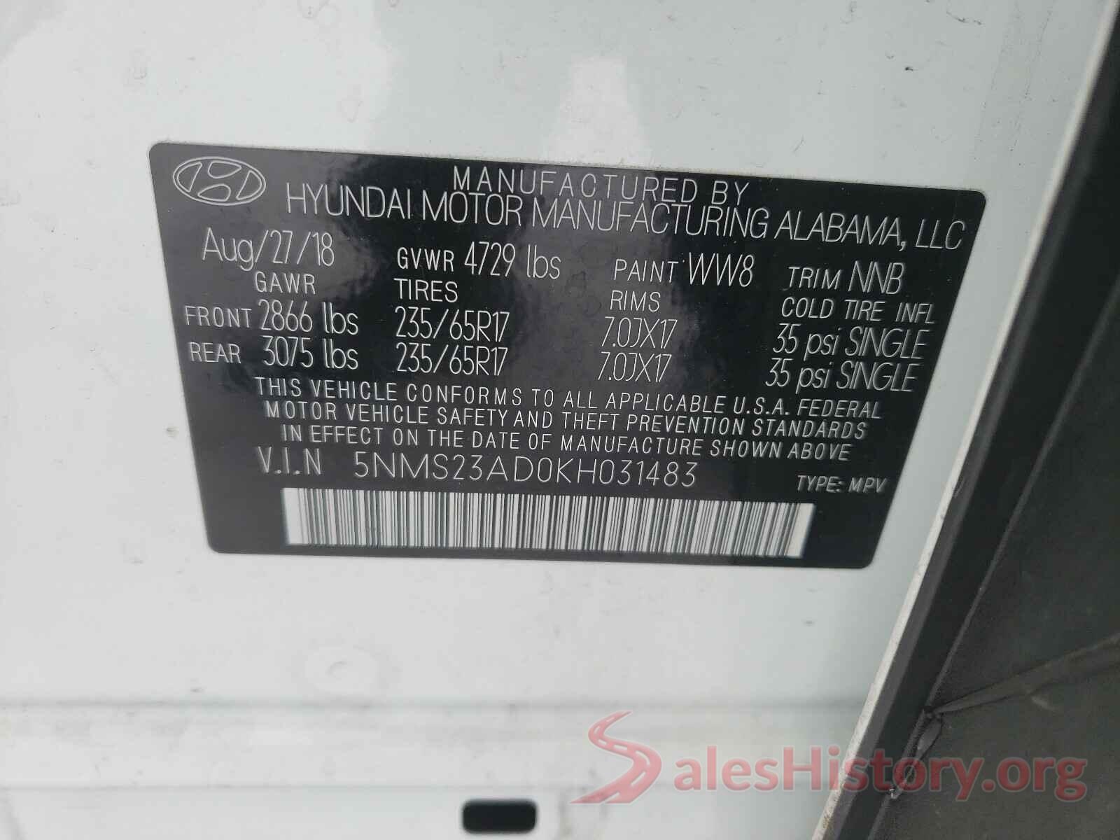 5NMS23AD0KH031483 2019 HYUNDAI SANTA FE