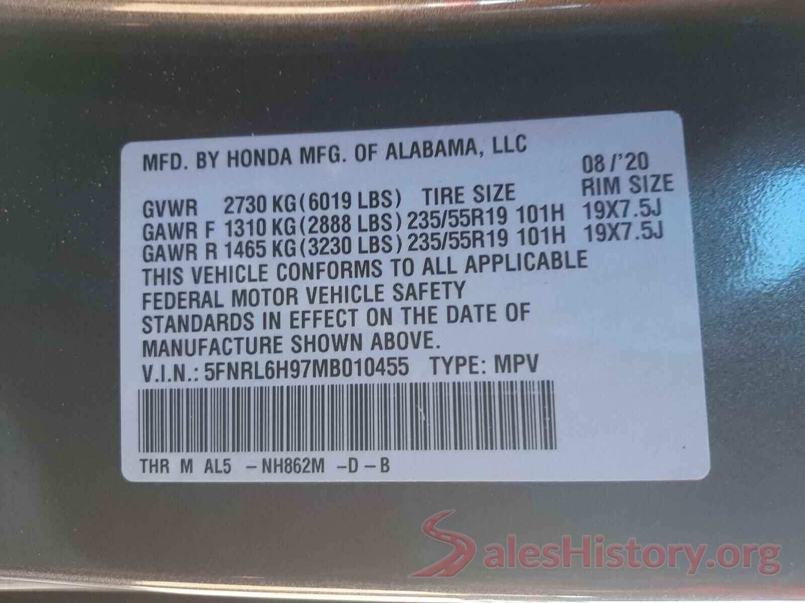 5FNRL6H97MB010455 2021 HONDA ODYSSEY