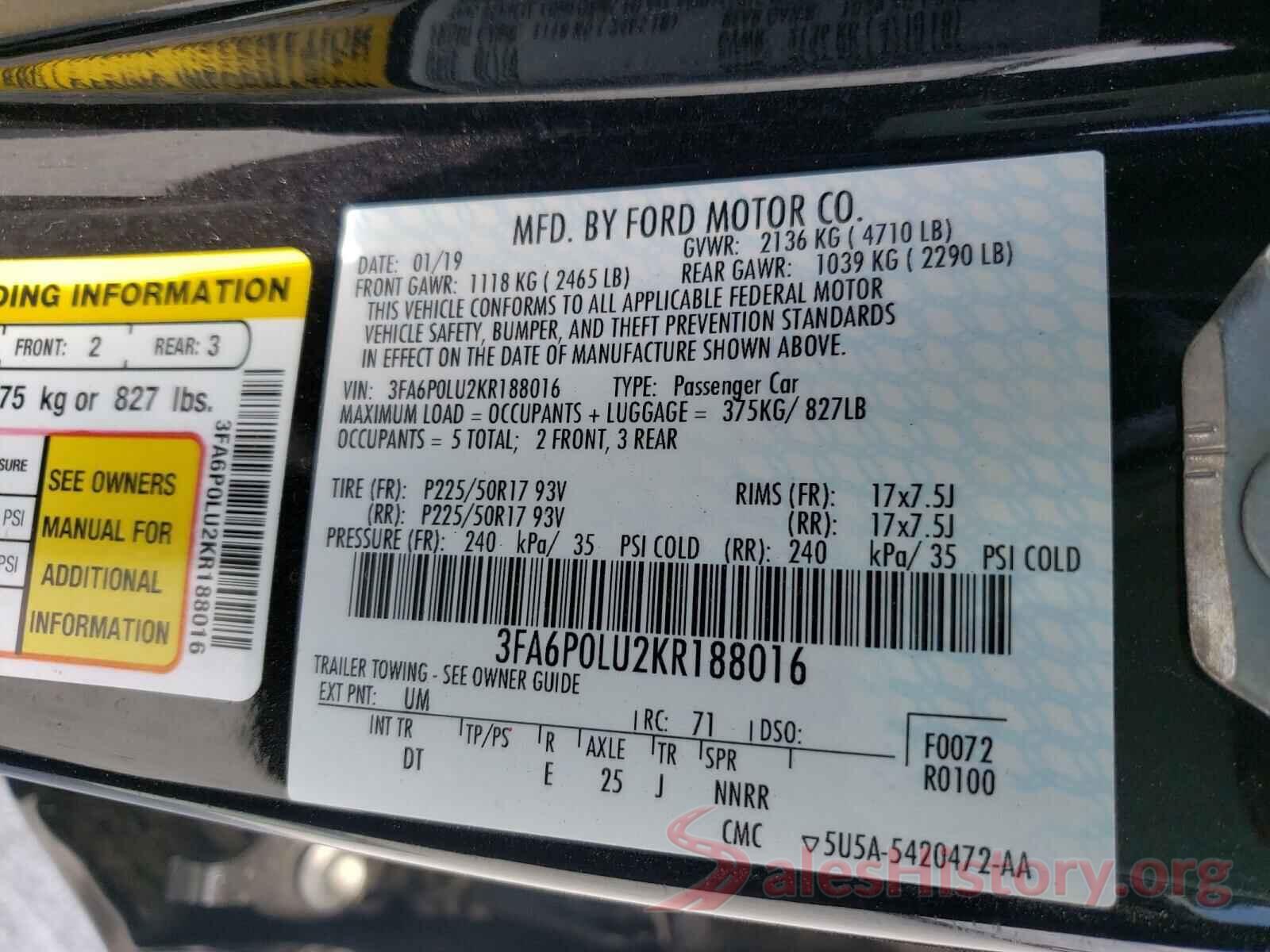 3FA6P0LU2KR188016 2019 FORD FUSION