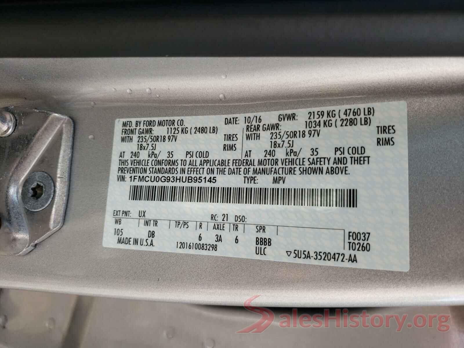 1FMCU0G93HUB95145 2017 FORD ESCAPE