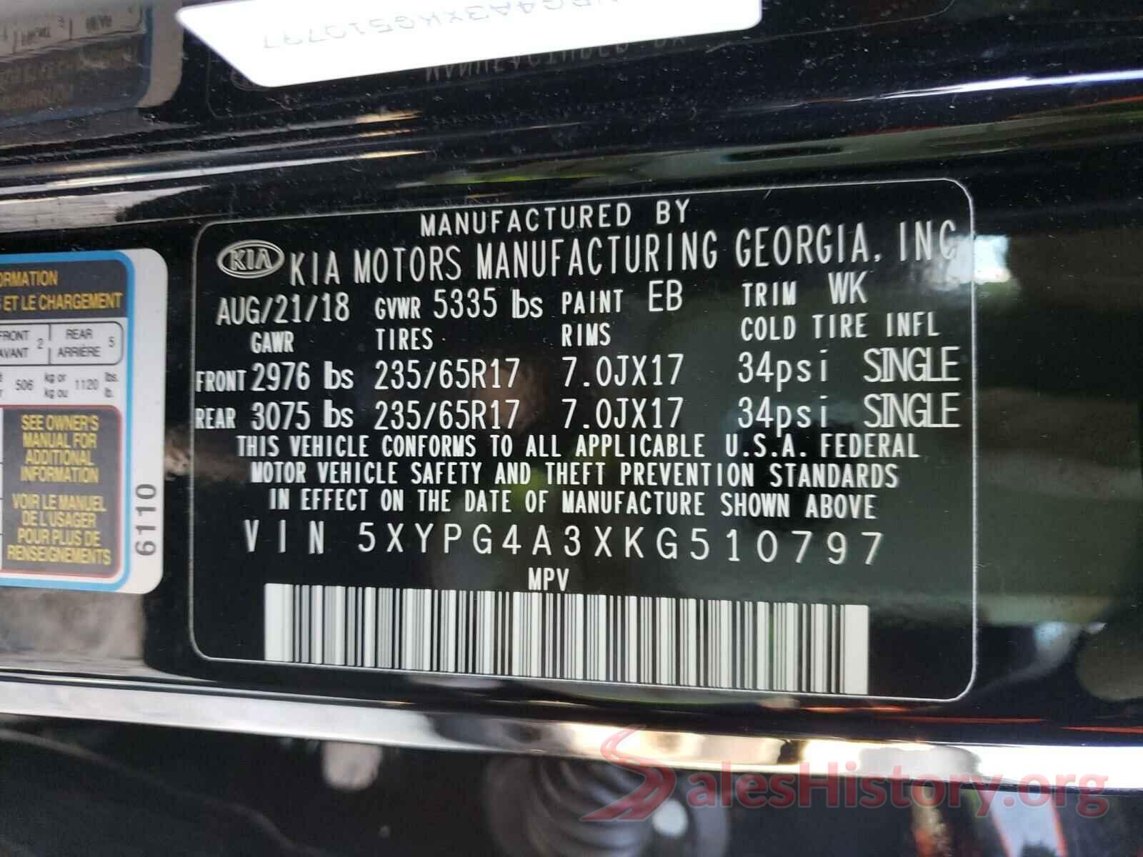 5XYPG4A3XKG510797 2019 KIA SORENTO