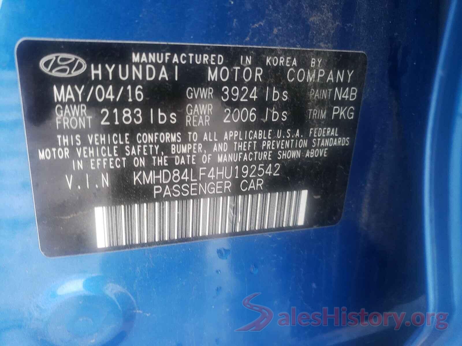 KMHD84LF4HU192542 2017 HYUNDAI ELANTRA