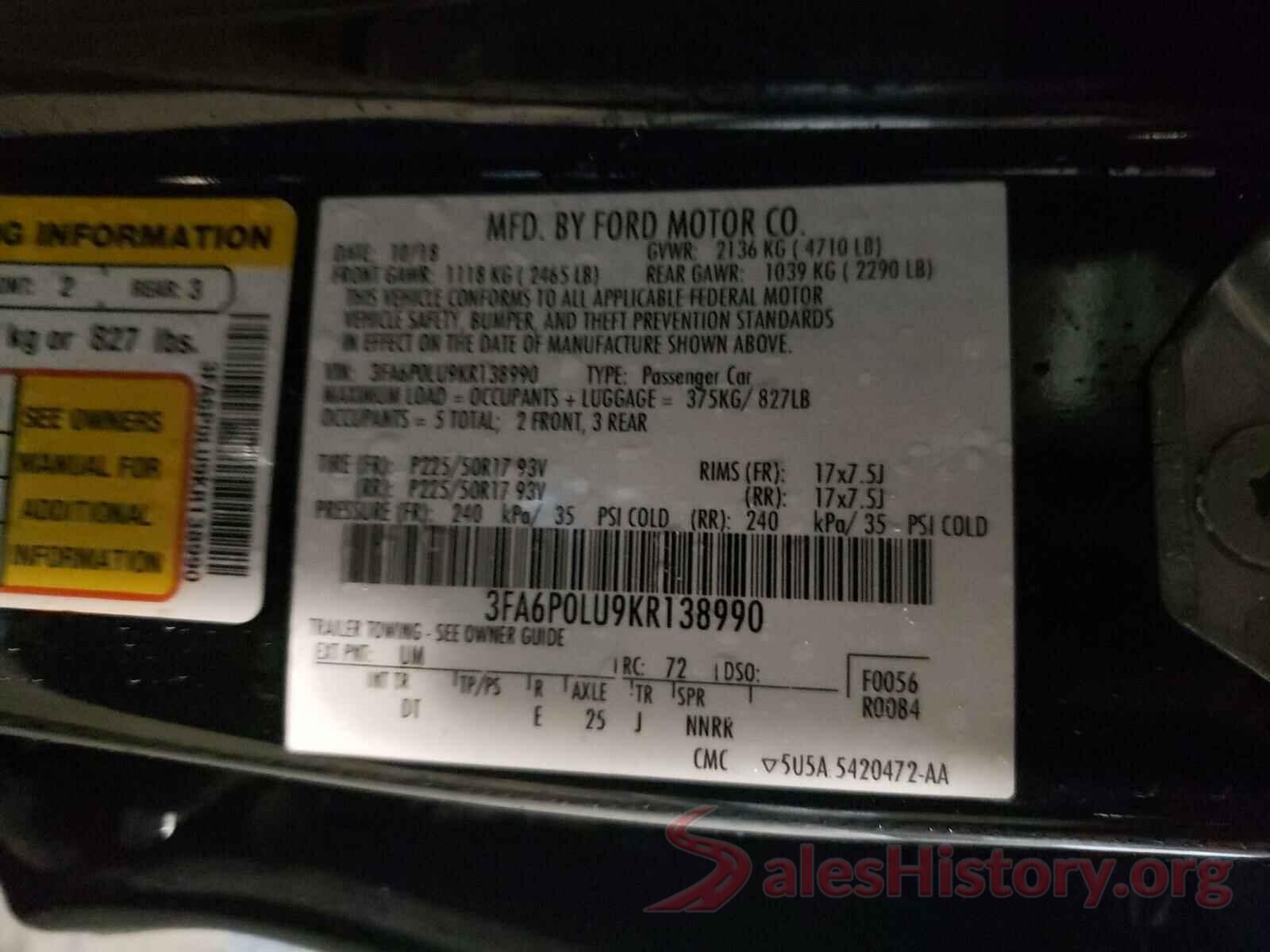 3FA6P0LU9KR138990 2019 FORD FUSION