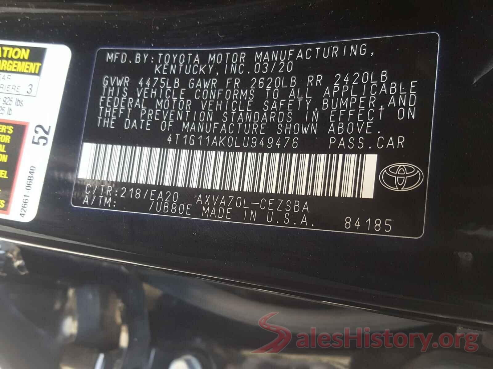 4T1G11AK0LU949476 2020 TOYOTA CAMRY