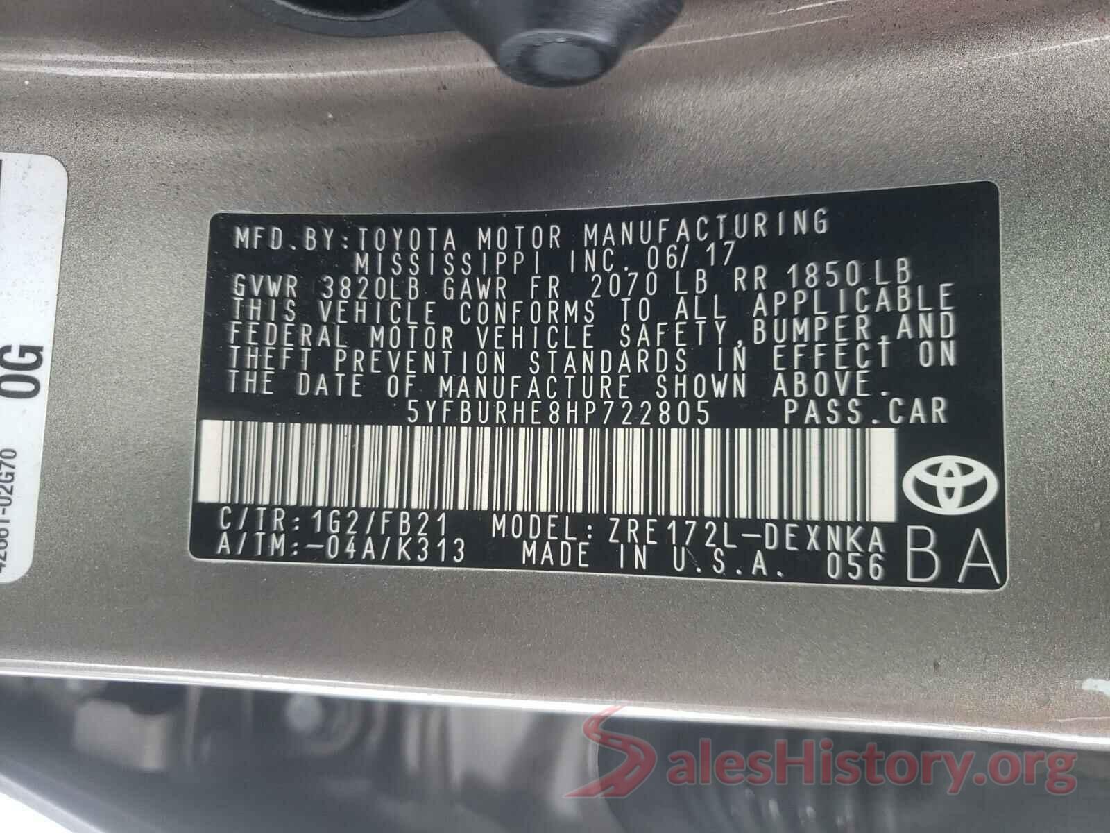 5YFBURHE8HP722805 2017 TOYOTA COROLLA