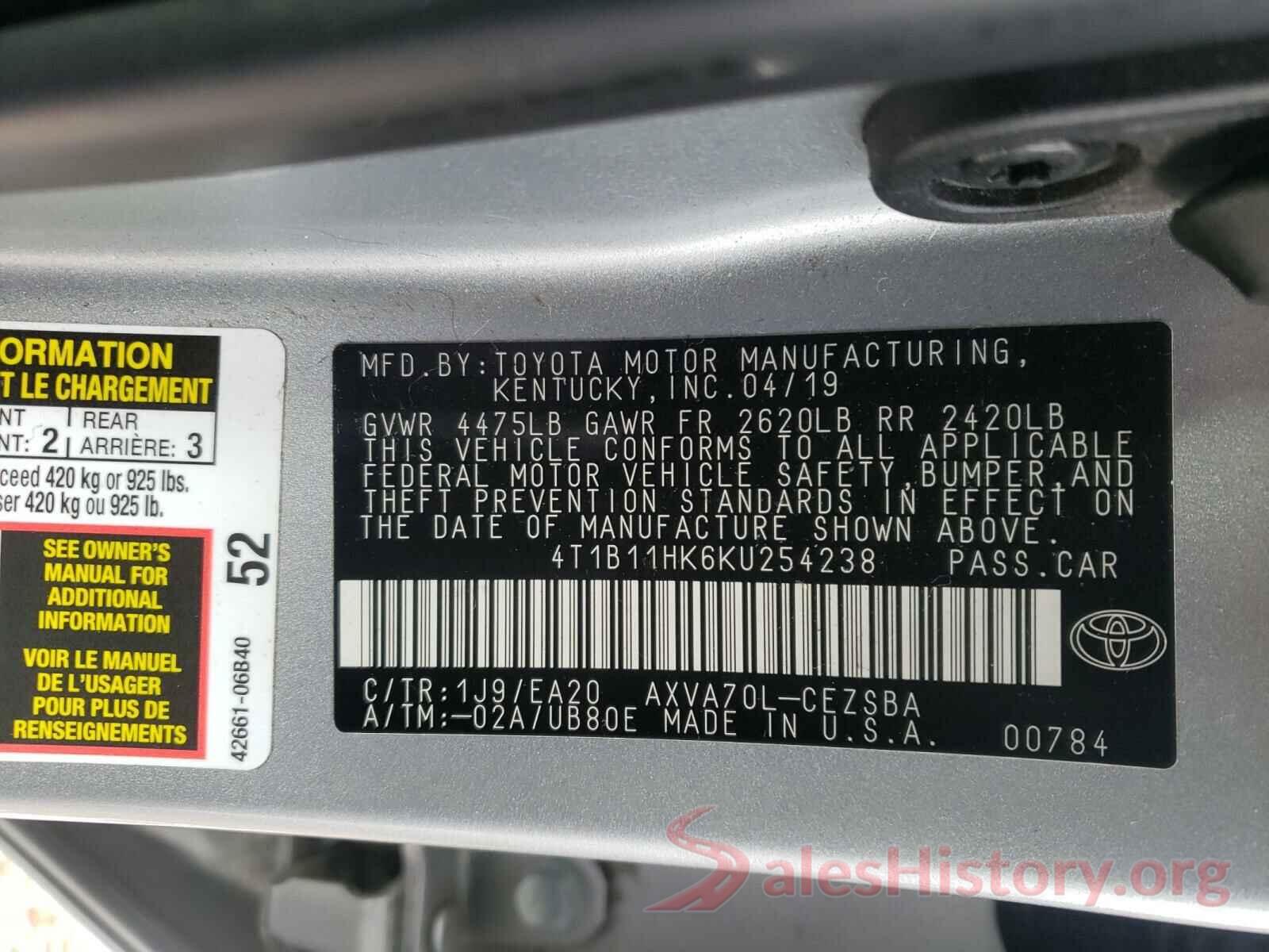 4T1B11HK6KU254238 2019 TOYOTA CAMRY