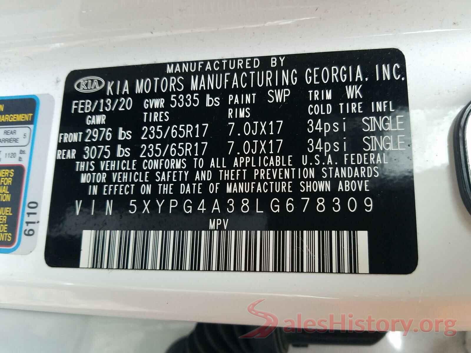 5XYPG4A38LG678309 2020 KIA SORENTO