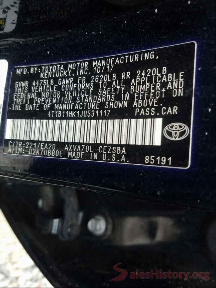 4T1B11HK1JU531117 2018 TOYOTA CAMRY