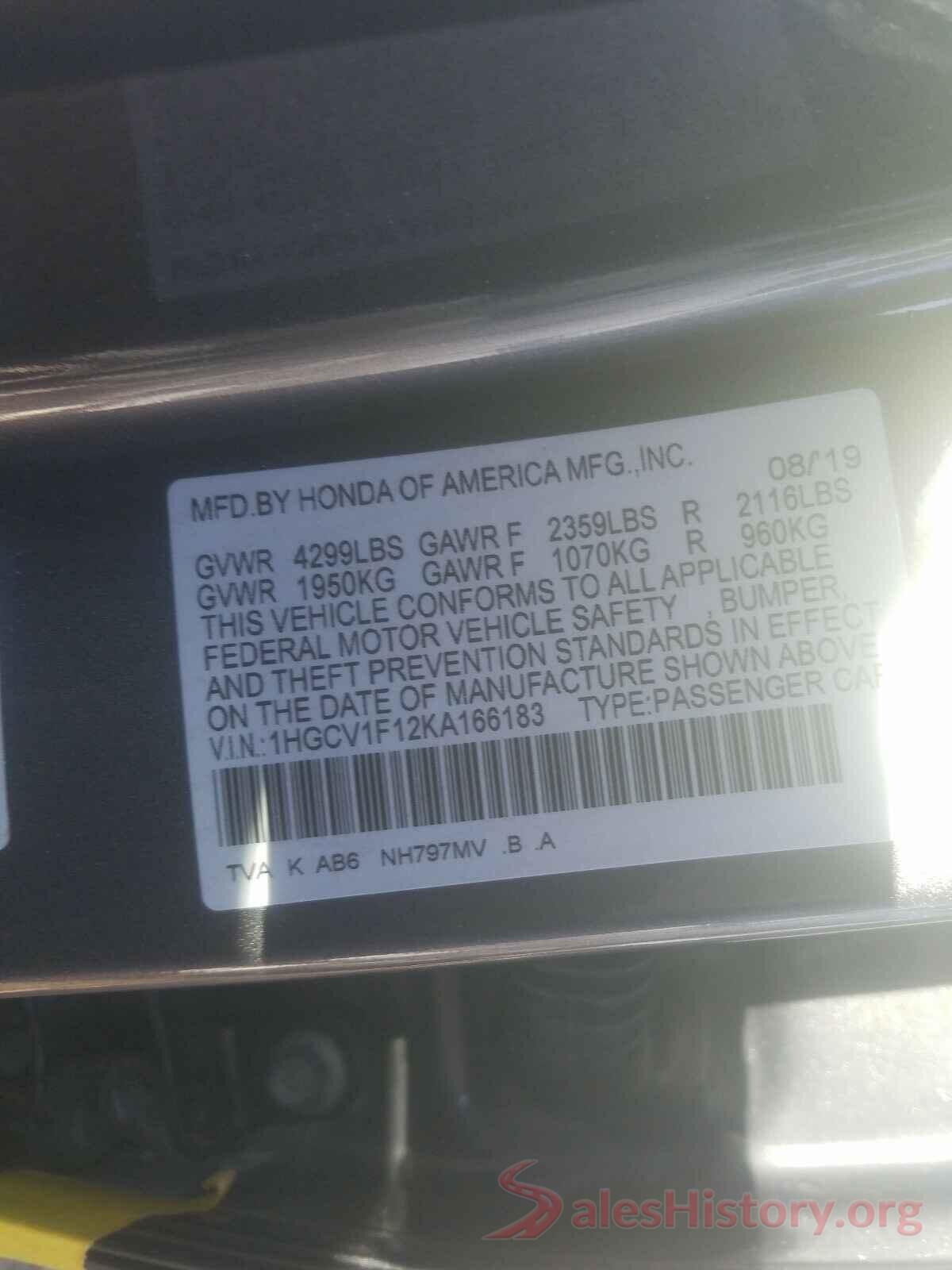 1HGCV1F12KA166183 2019 HONDA ACCORD