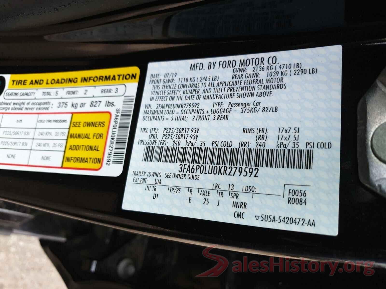 3FA6P0LU0KR279592 2019 FORD FUSION