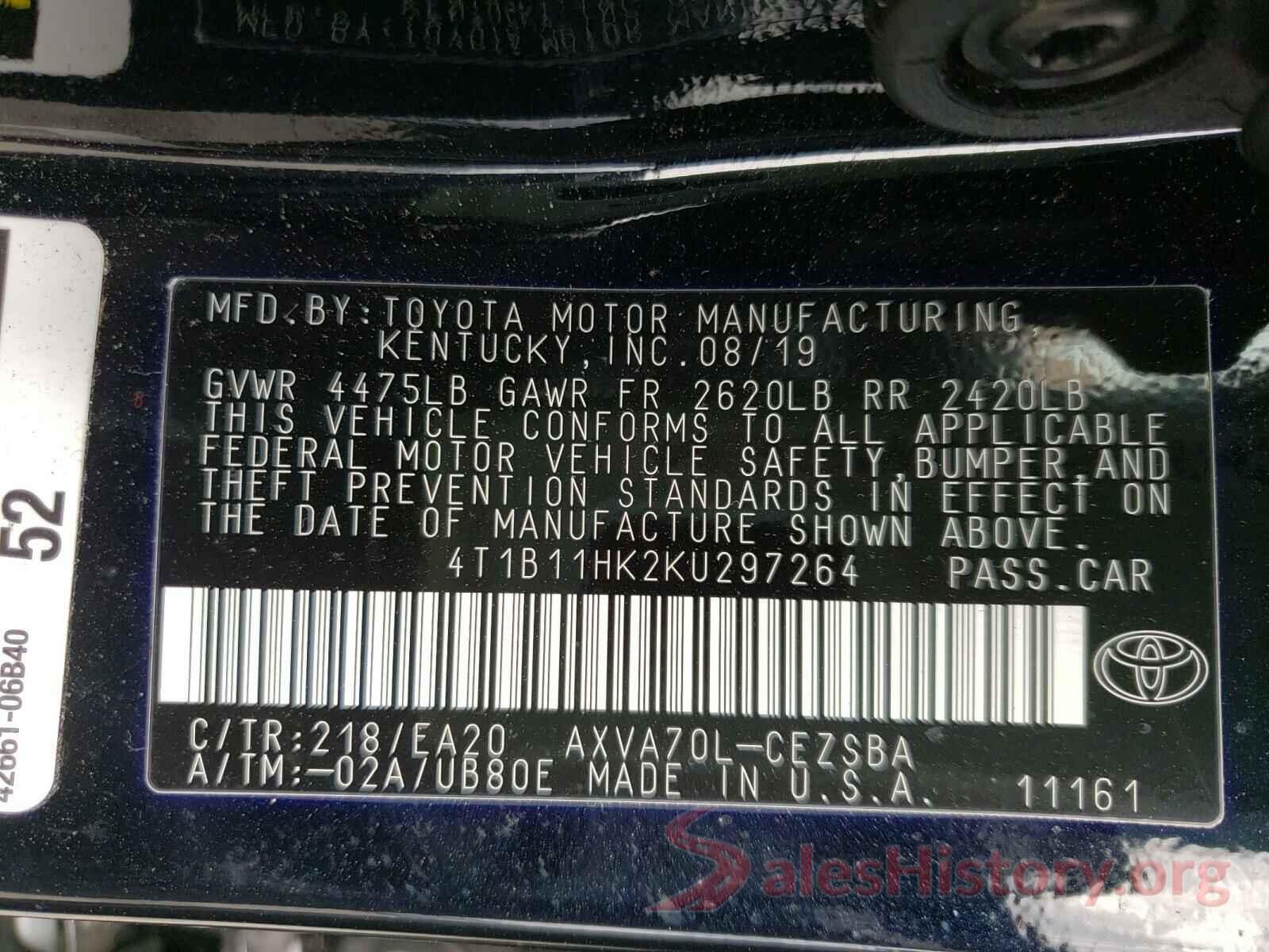 4T1B11HK2KU297264 2019 TOYOTA CAMRY