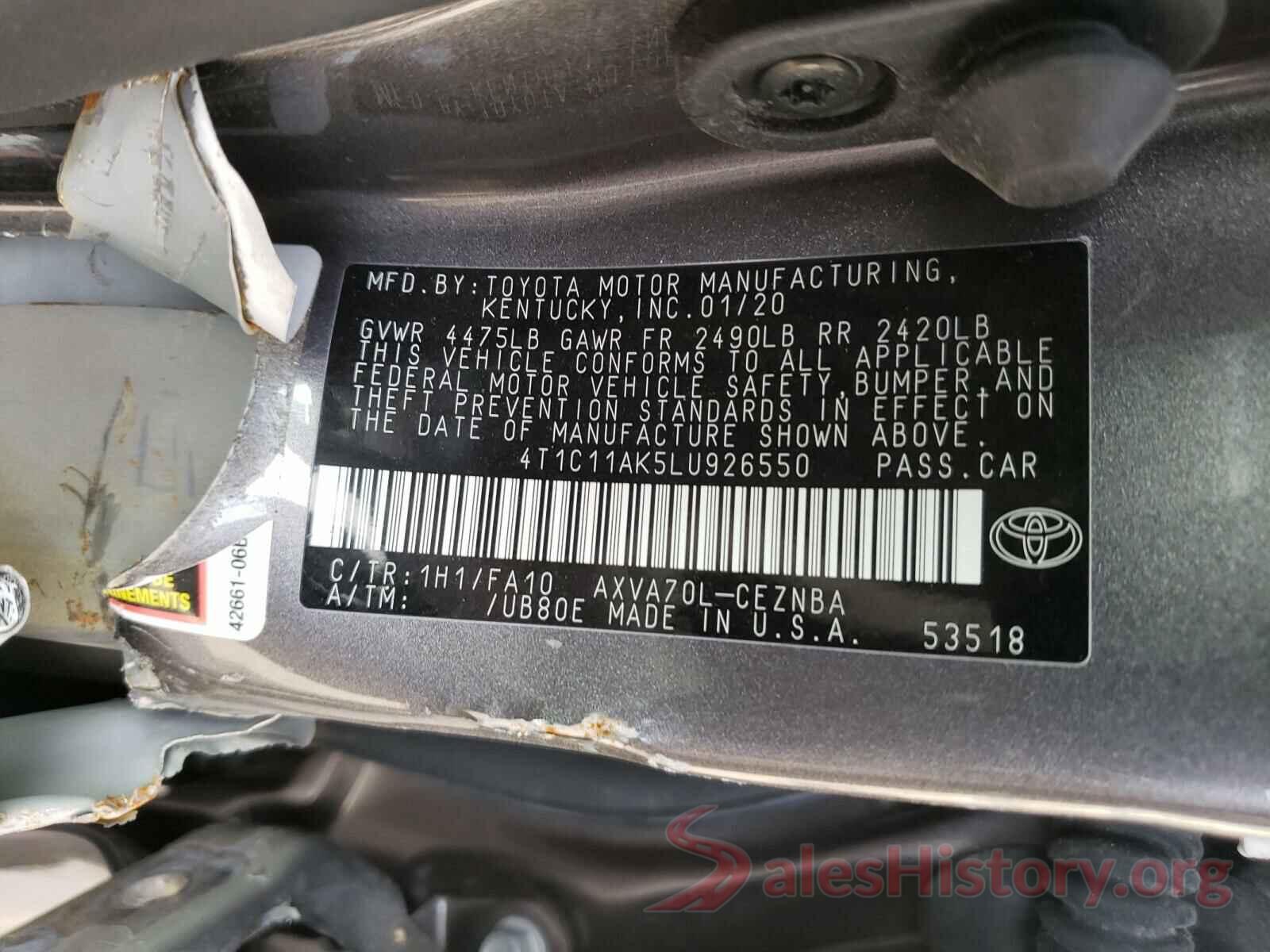 4T1C11AK5LU926550 2020 TOYOTA CAMRY