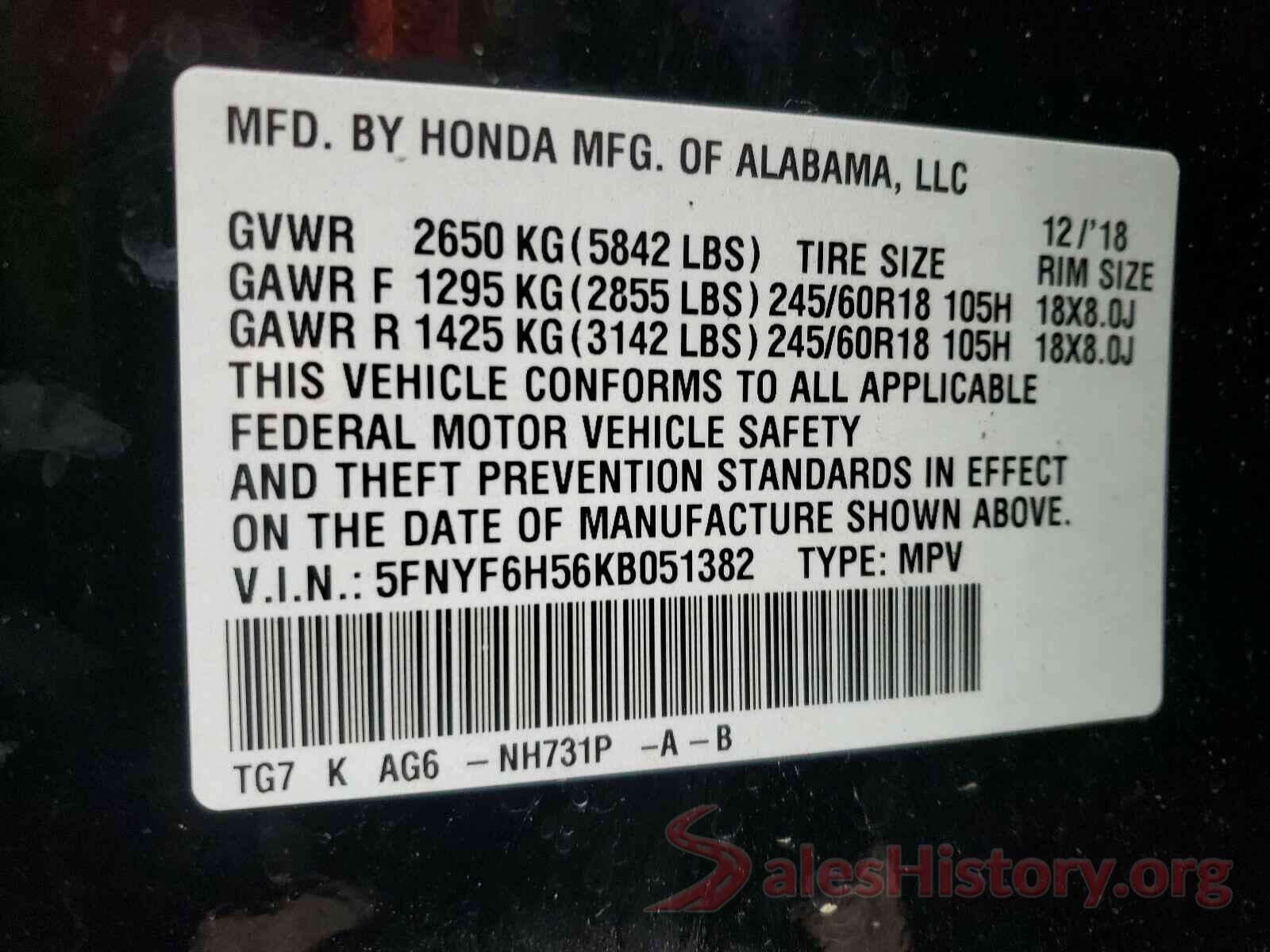 5FNYF6H56KB051382 2019 HONDA PILOT