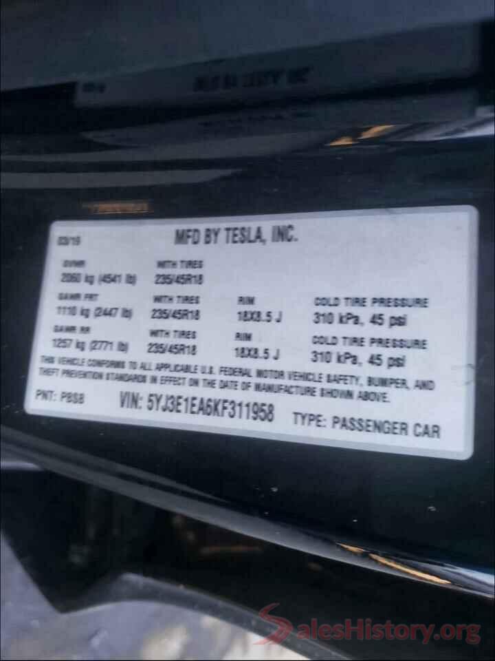 5YJ3E1EA6KF311958 2019 TESLA MODEL 3