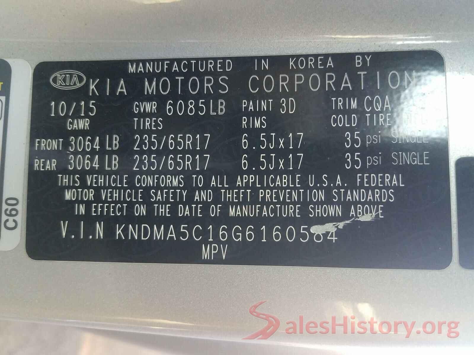 KNDMA5C16G6160584 2016 KIA SEDONA