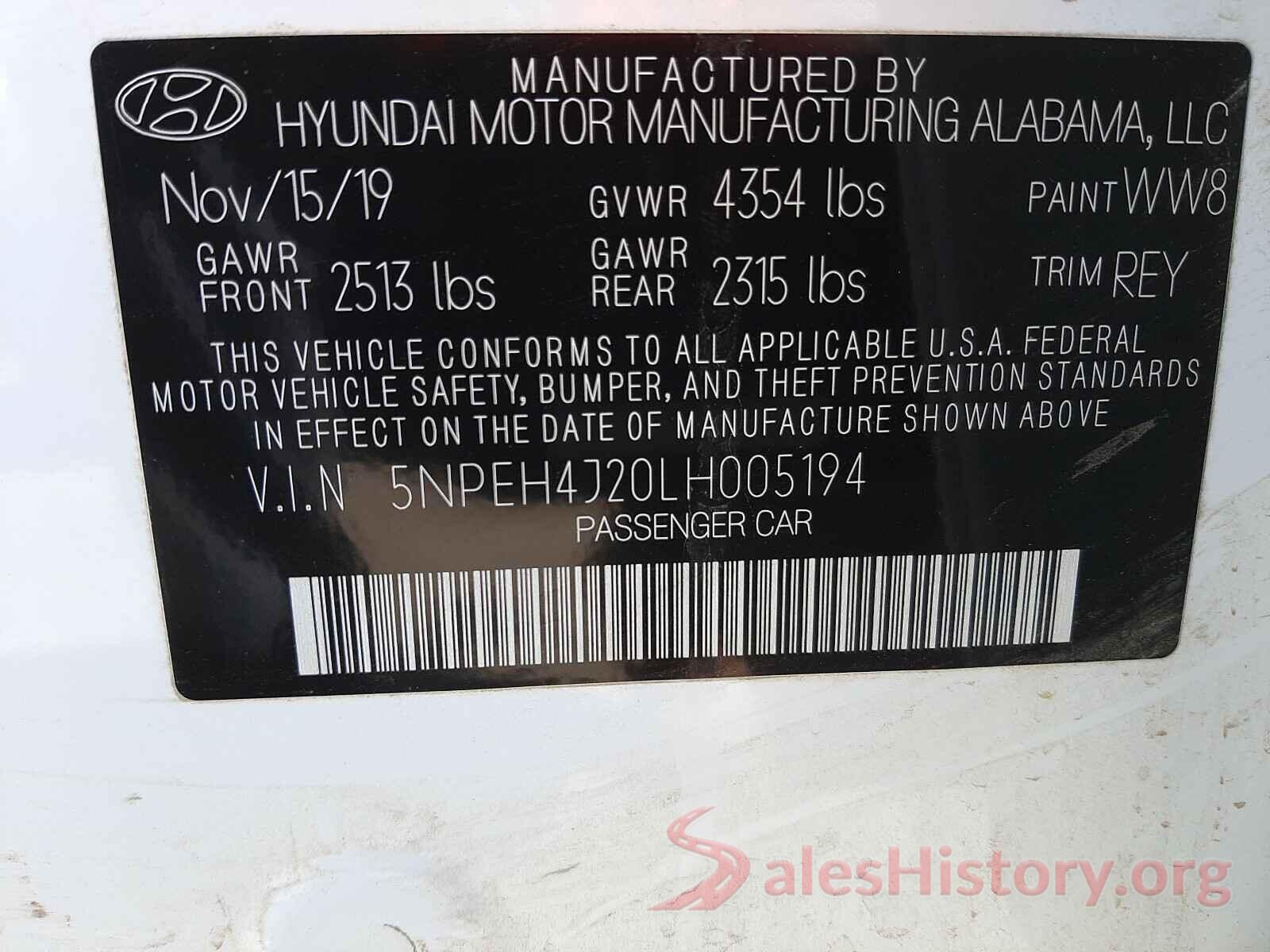 5NPEH4J20LH005194 2020 HYUNDAI SONATA