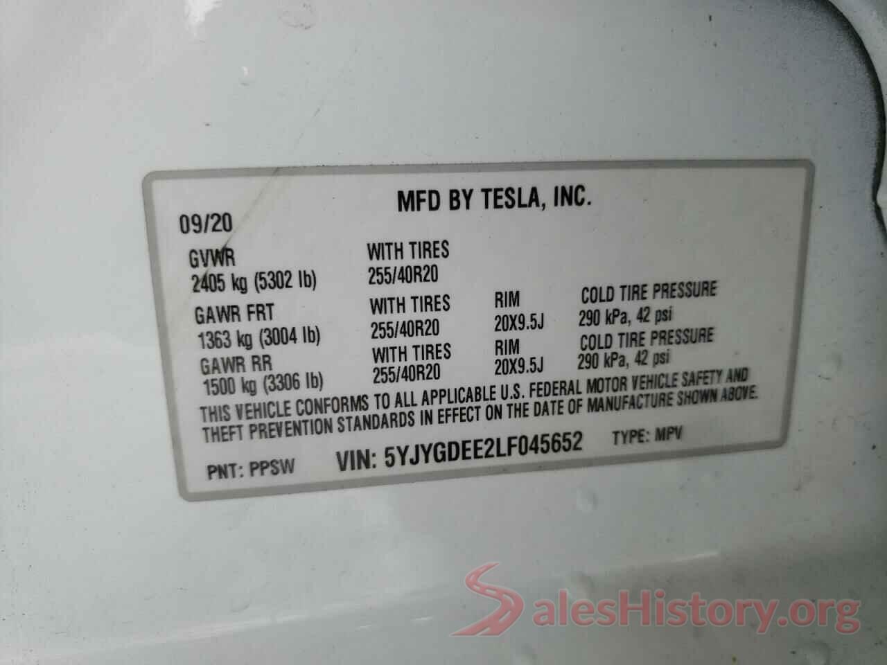 5YJYGDEE2LF045652 2020 TESLA MODEL Y