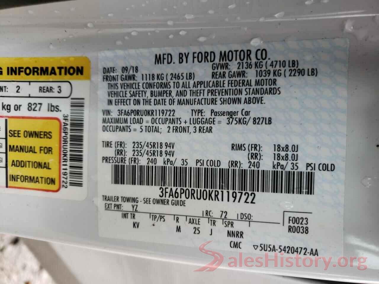 3FA6P0RU0KR119722 2019 FORD FUSION