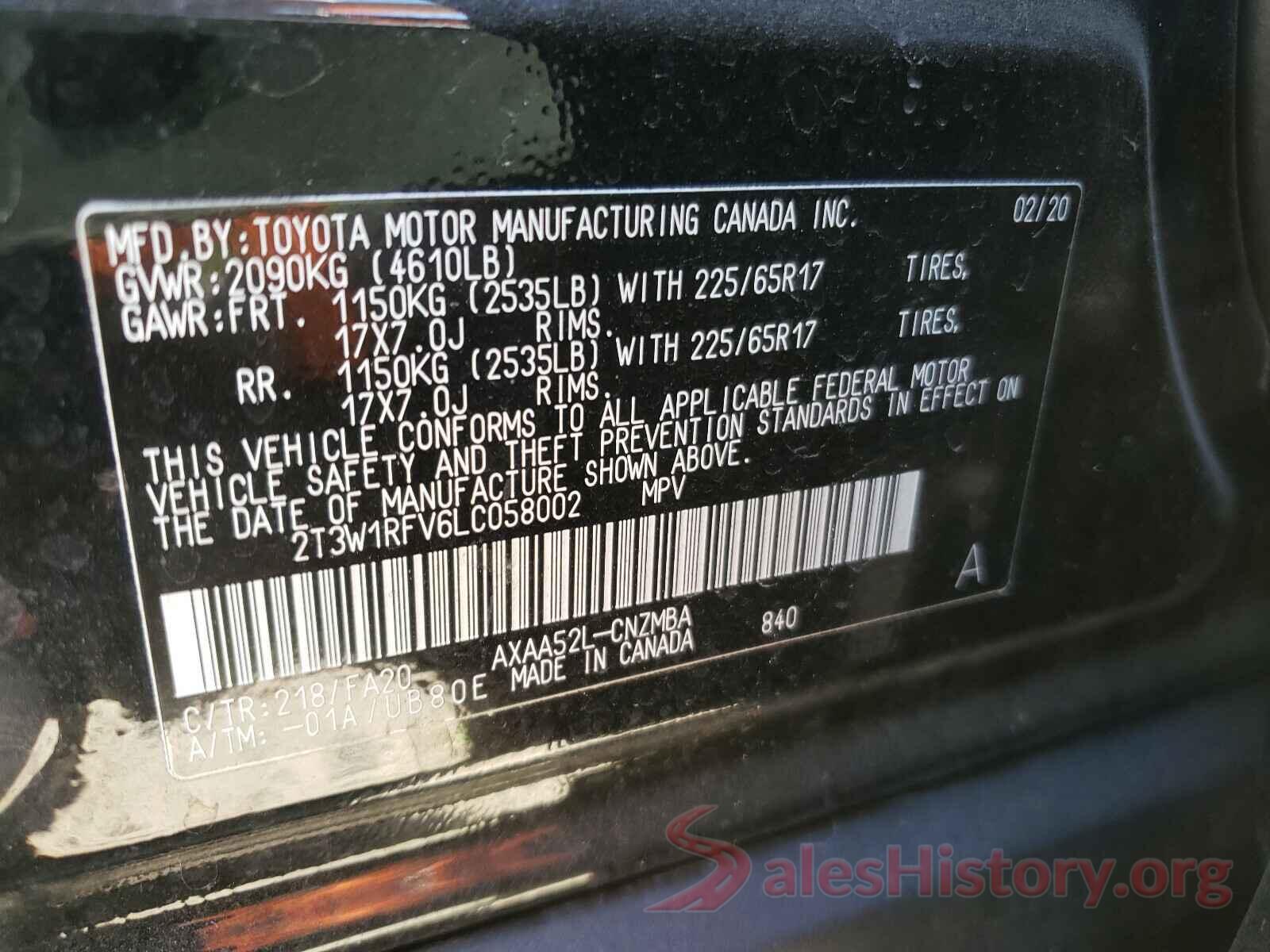 2T3W1RFV6LC058002 2020 TOYOTA RAV4