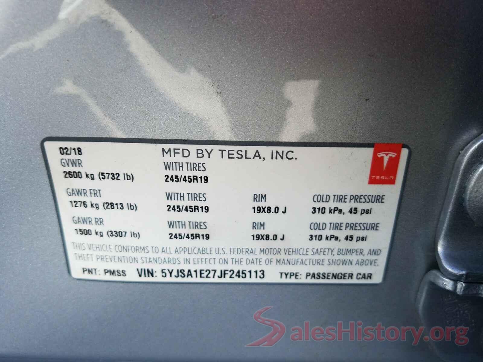 5YJSA1E27JF245113 2018 TESLA MODEL S