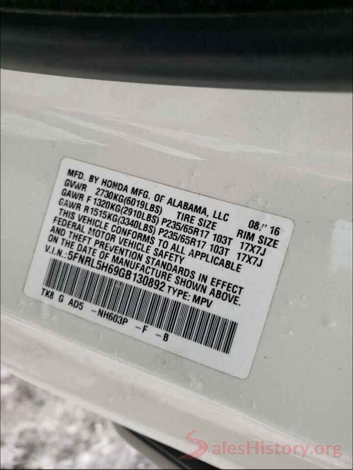 5FNRL5H69GB130892 2016 HONDA ODYSSEY