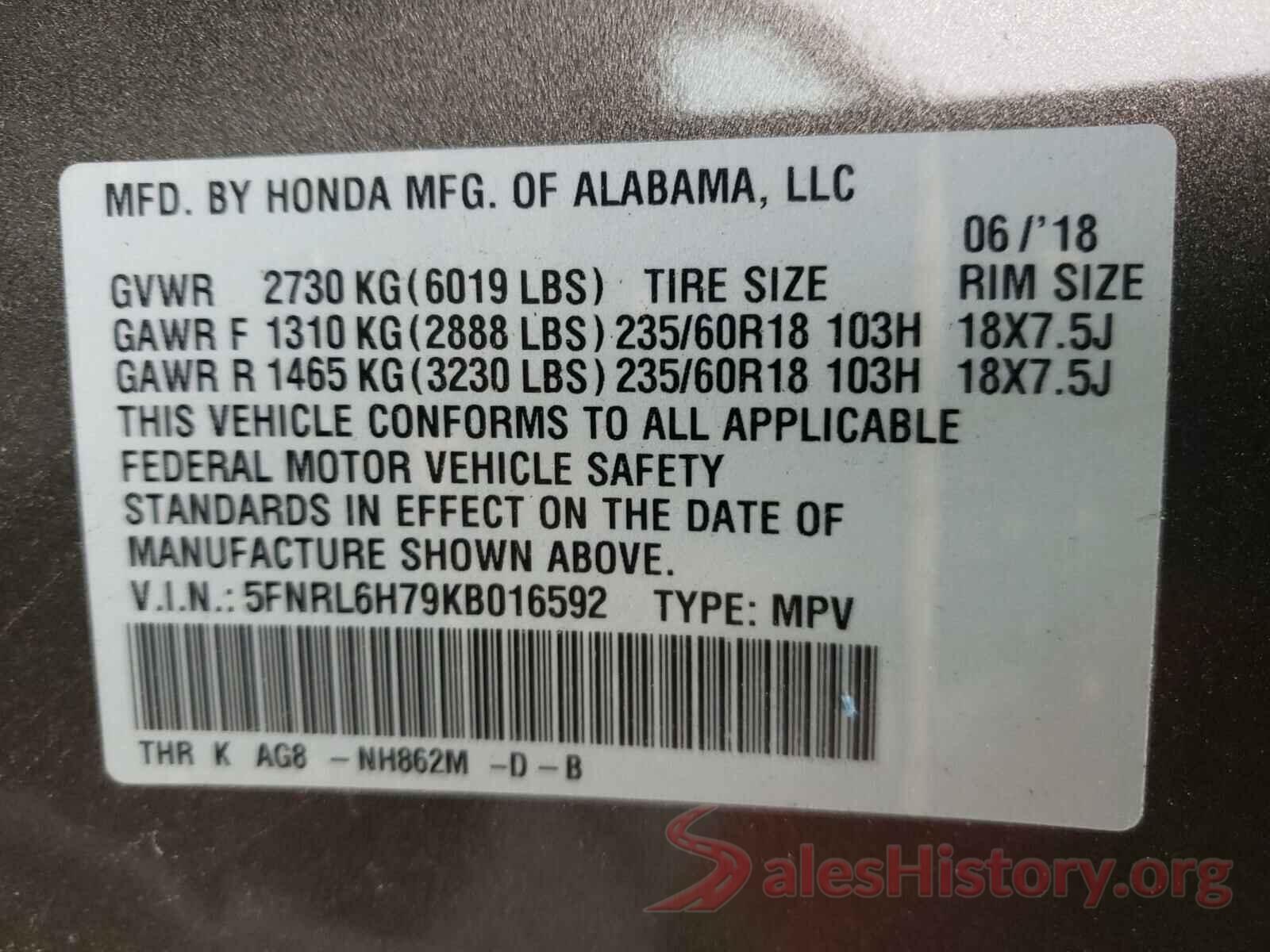 5FNRL6H79KB016592 2019 HONDA ODYSSEY