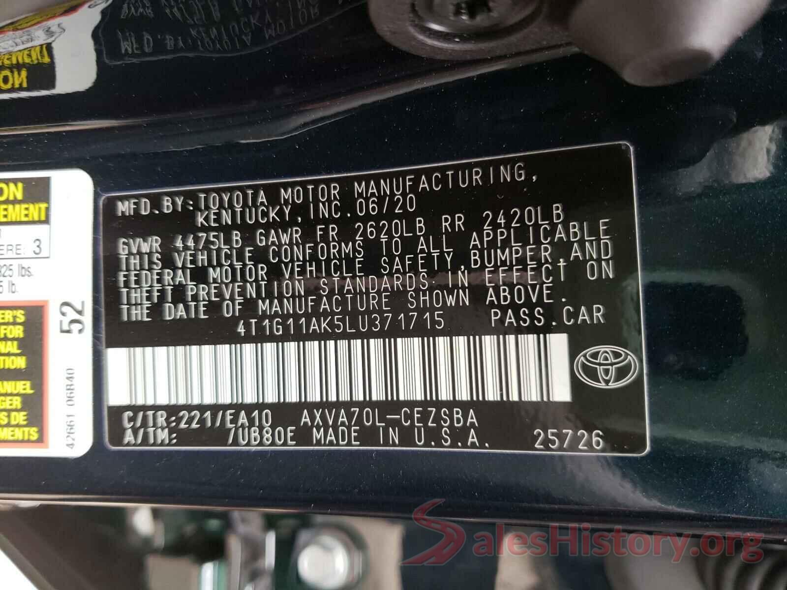 4T1G11AK5LU371715 2020 TOYOTA CAMRY