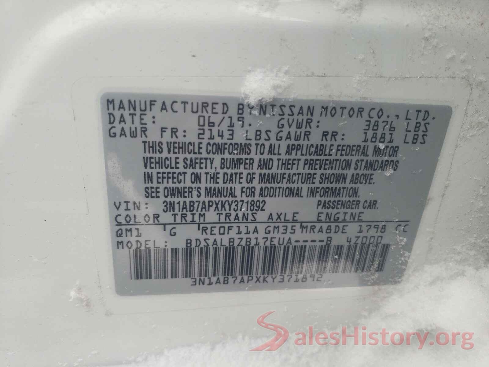 3N1AB7APXKY371892 2019 NISSAN SENTRA