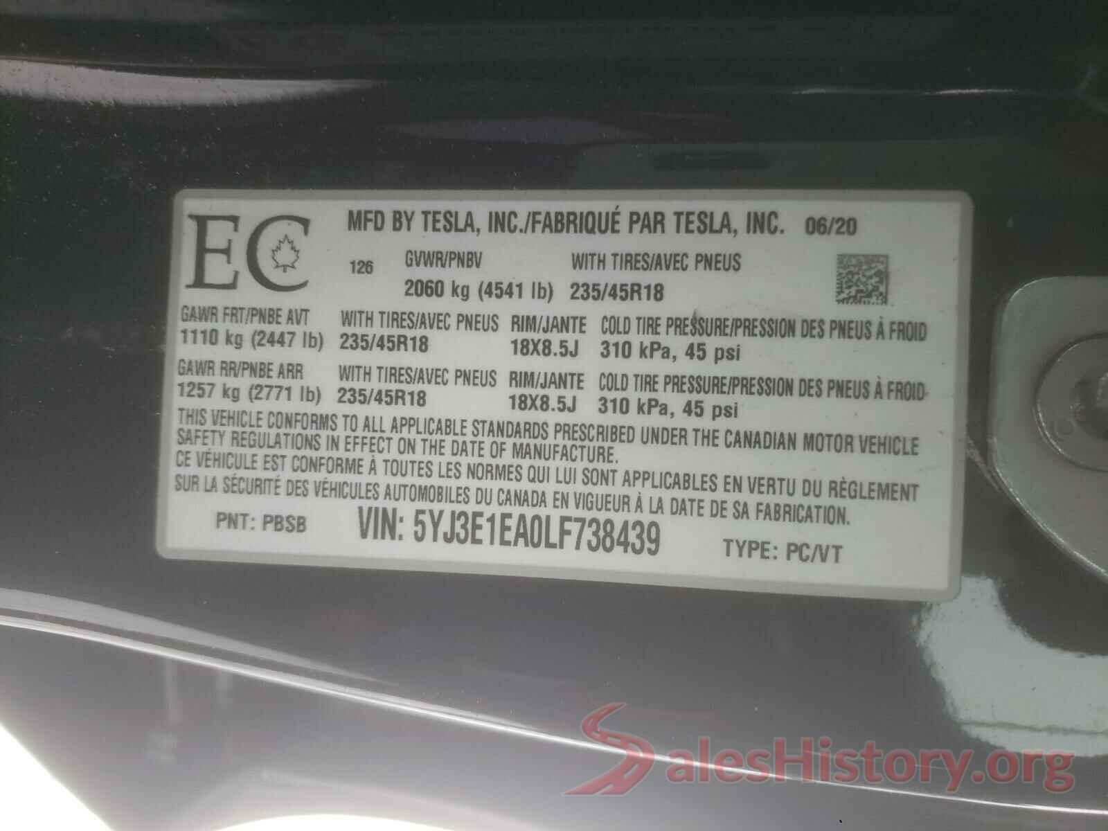 5YJ3E1EA0LF738439 2020 TESLA MODEL 3