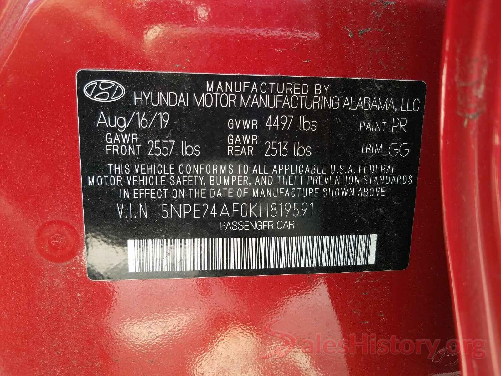 5NPE24AF0KH819591 2019 HYUNDAI SONATA