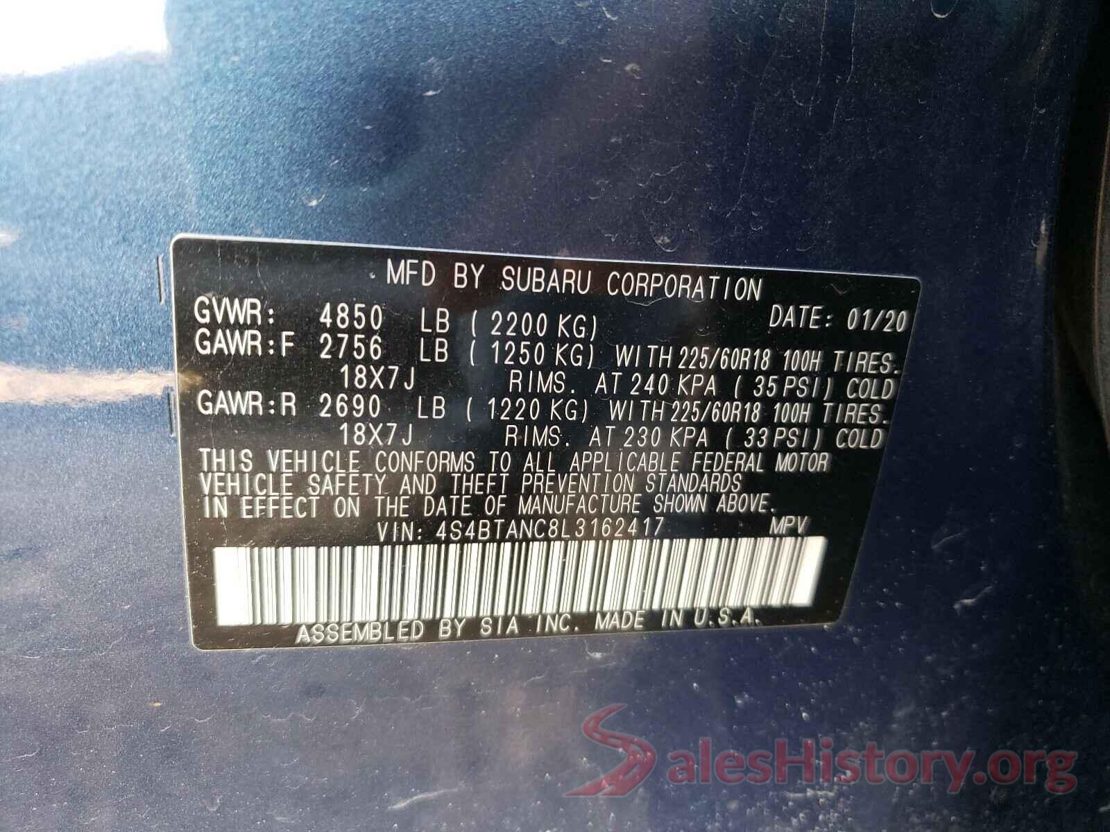 4S4BTANC8L3162417 2020 SUBARU OUTBACK