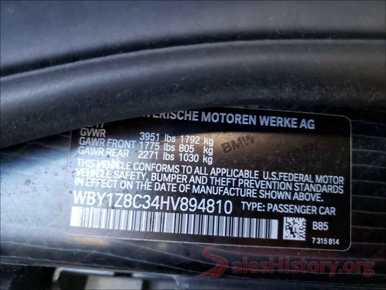 WBY1Z8C34HV894810 2017 BMW I SERIES