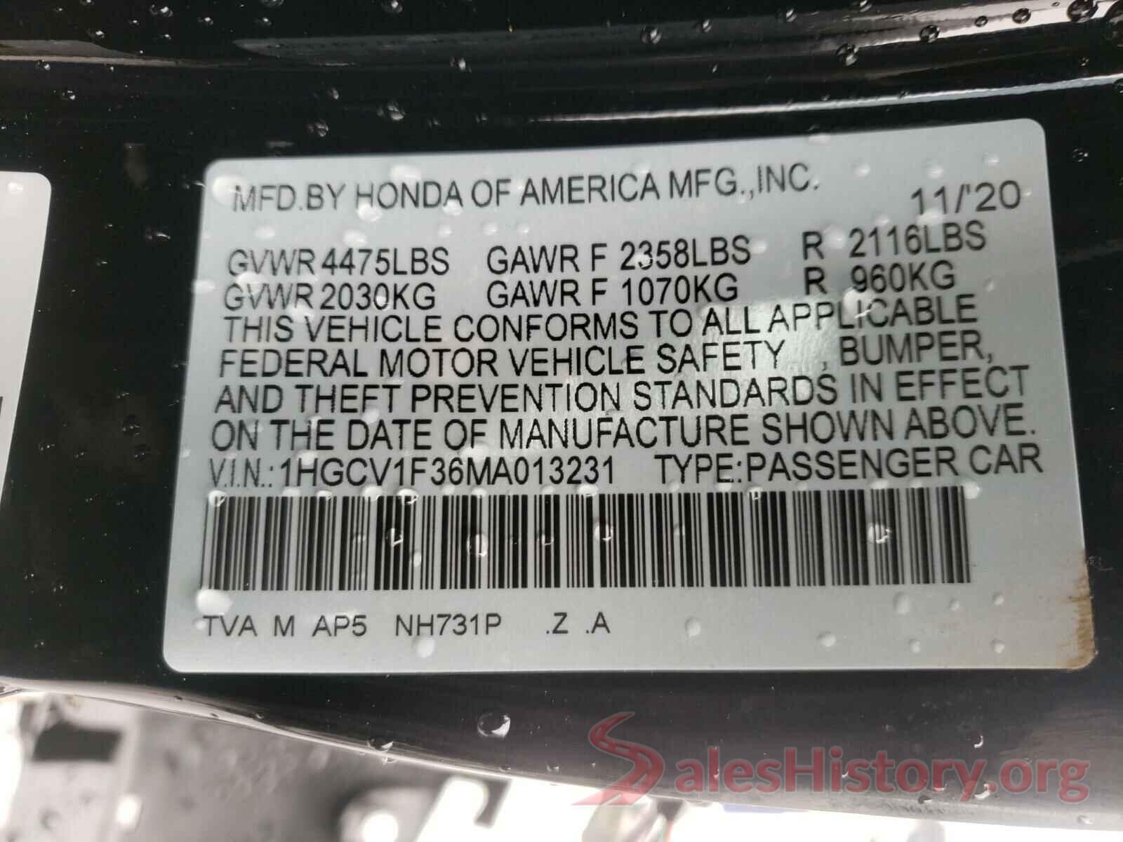 1HGCV1F36MA013231 2021 HONDA ACCORD