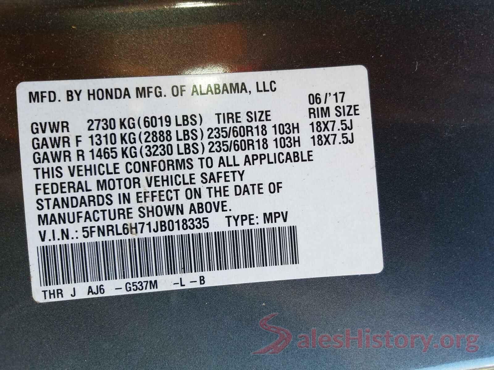 5FNRL6H71JB018335 2018 HONDA ODYSSEY