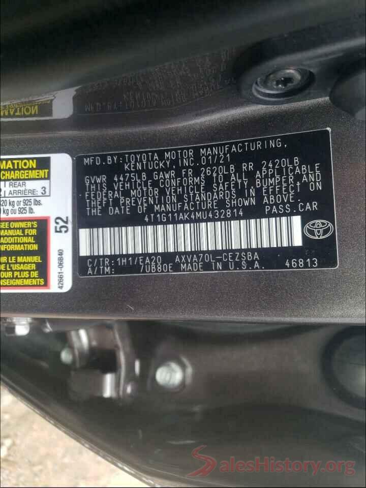 4T1G11AK4MU432814 2021 TOYOTA CAMRY