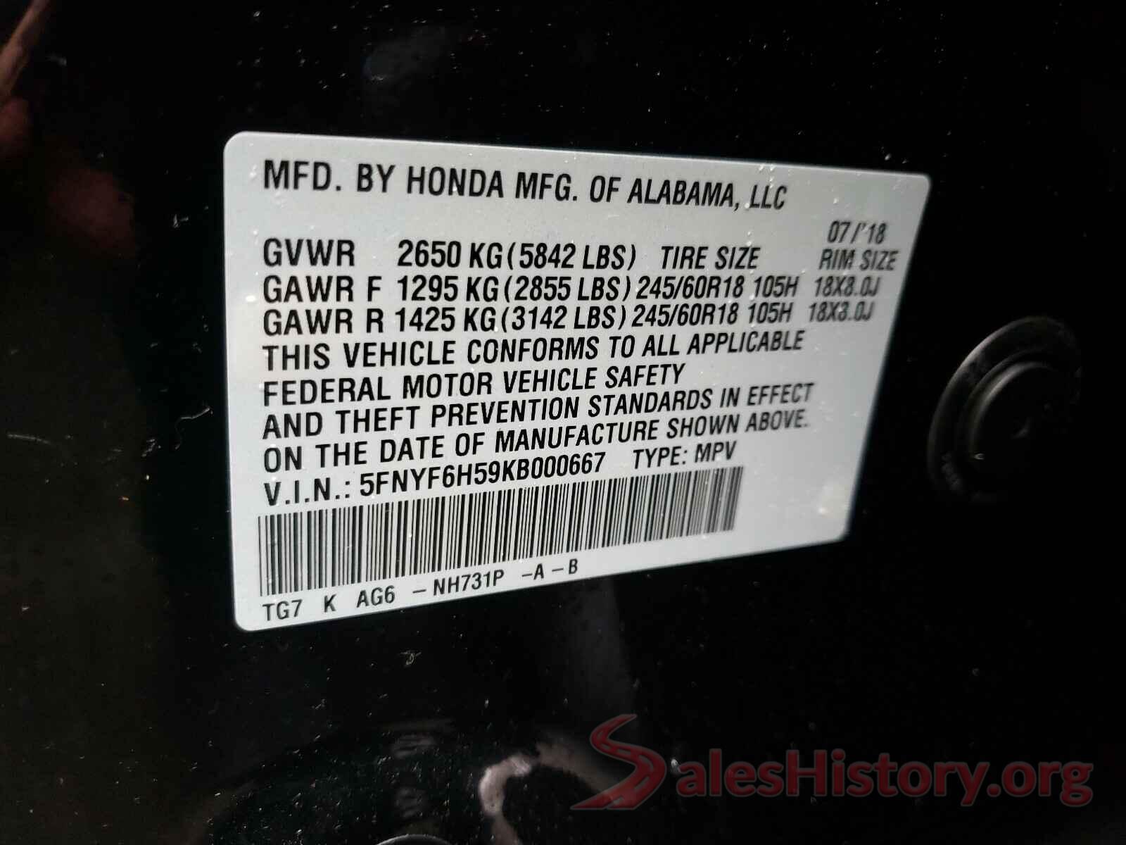 5FNYF6H59KB000667 2019 HONDA PILOT