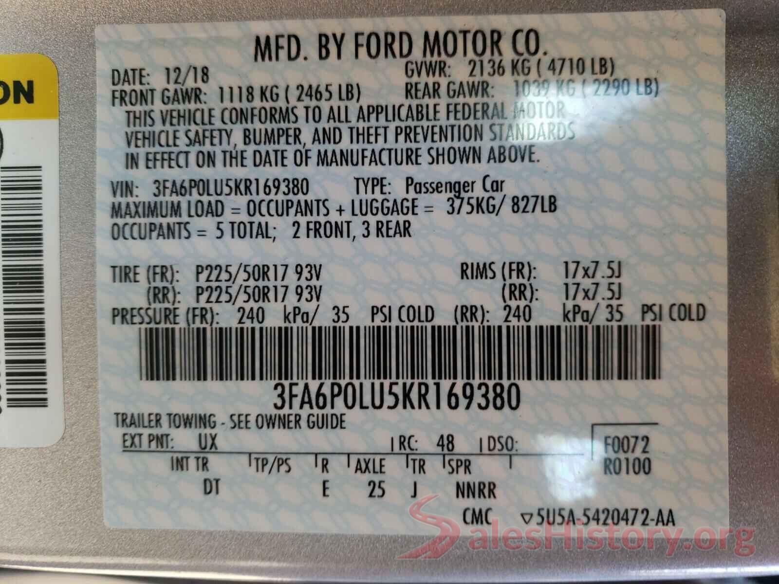 3FA6P0LU5KR169380 2019 FORD FUSION