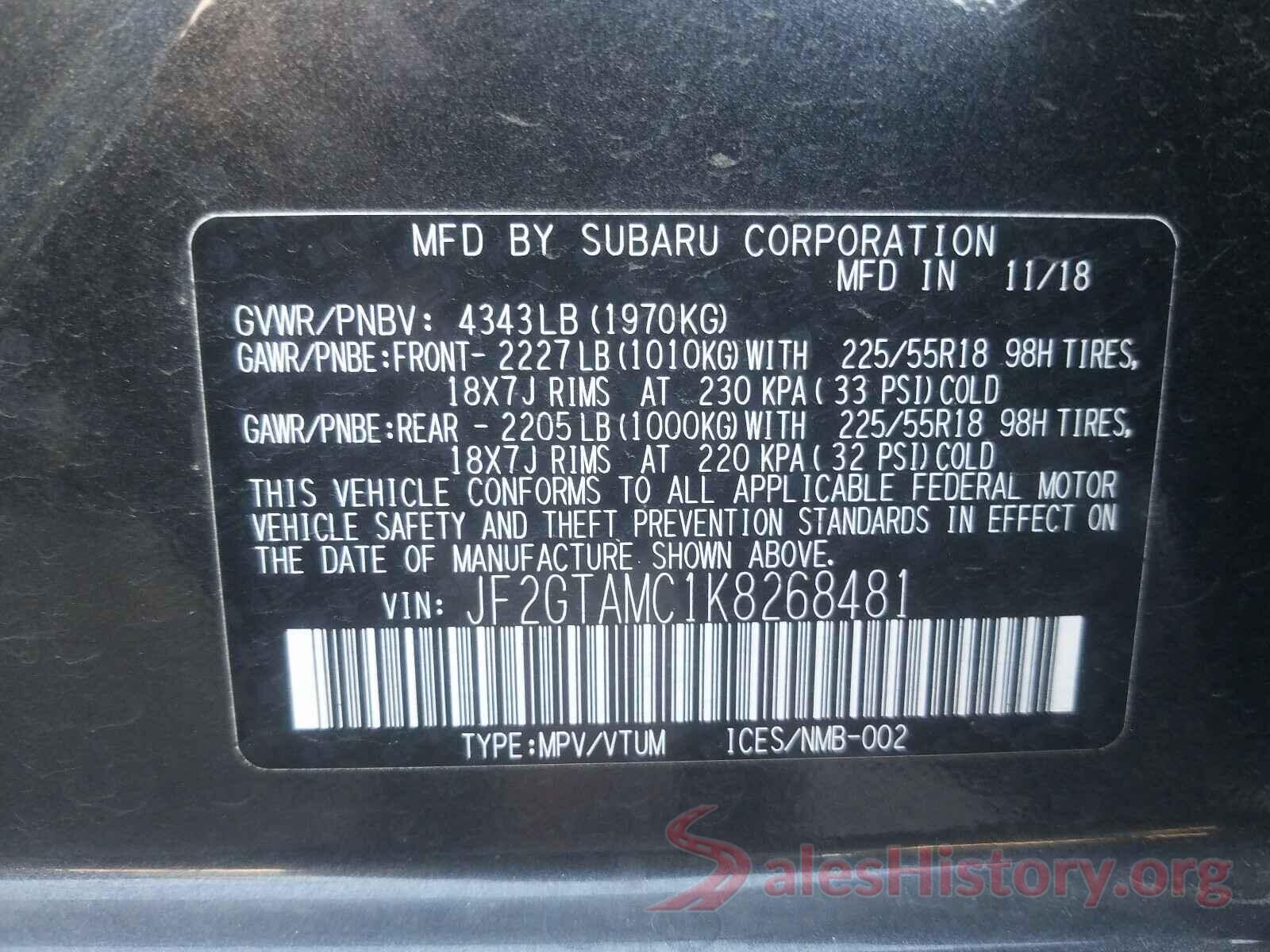 JF2GTAMC1K8268481 2019 SUBARU CROSSTREK